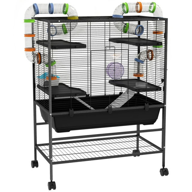 PawHut Large Hamster Cage Gerbil Cage with Tubes, Storage Shelf, Ramps, Platforms, Running Wheel - Black - image 1
