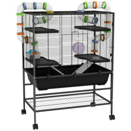 PawHut Large Hamster Cage Gerbil Cage with Tubes, Storage Shelf, Ramps, Platforms, Running Wheel - Black - thumbnail 1