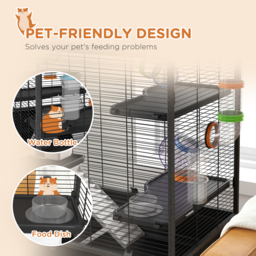 PawHut Large Hamster Cage Gerbil Cage with Tubes, Storage Shelf, Ramps, Platforms, Running Wheel - Black - thumbnail 7