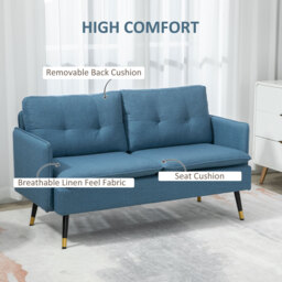HOMCOM 2 Seater Sofas for Living Room, Fabric Couch, Button Tufted Love Seat with Cushions & Anti-Cat-Scratch Material, Dark Blue - Aosom UK - thumbnail 4