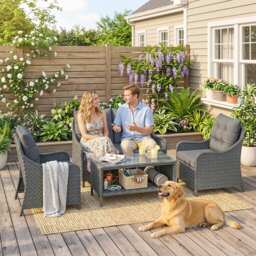 Outsunny 4-Piece Wicker Patio Furniture Set with 2 Armchairs, Loveseat, Glass Coffee Table, Conversation Sofa Set, Dark Grey - thumbnail 8