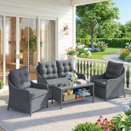 Outsunny 4-Piece Wicker Patio Furniture Set with 2 Armchairs, Loveseat, Glass Coffee Table, Conversation Sofa Set, Dark Grey - thumbnail 2