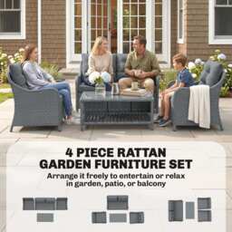 Outsunny 4-Piece Wicker Patio Furniture Set with 2 Armchairs, Loveseat, Glass Coffee Table, Conversation Sofa Set, Dark Grey - thumbnail 7