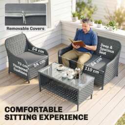 Outsunny 4-Piece Wicker Patio Furniture Set with 2 Armchairs, Loveseat, Glass Coffee Table, Conversation Sofa Set, Dark Grey - thumbnail 5