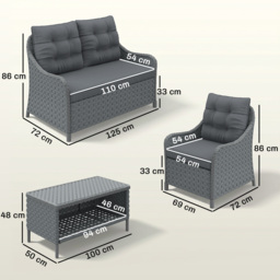 Outsunny 4-Piece Wicker Patio Furniture Set with 2 Armchairs, Loveseat, Glass Coffee Table, Conversation Sofa Set, Dark Grey - thumbnail 3