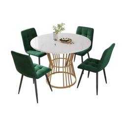 Round Dining Table and Chairs with 4 Velvet Chairs, Marble Pattern MDF Top, Golden Metal Legs, Adjustable Foot, Ideal for Dining Room, White & Green - Aosom UK - thumbnail 2