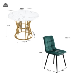 Round Dining Table and Chairs with 4 Velvet Chairs, Marble Pattern MDF Top, Golden Metal Legs, Adjustable Foot, Ideal for Dining Room, White & Green - Aosom UK - thumbnail 3