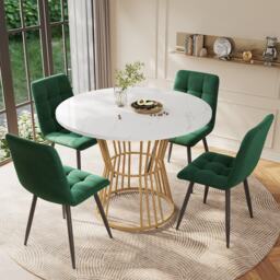 Round Dining Table and Chairs with 4 Velvet Chairs, Marble Pattern MDF Top, Golden Metal Legs, Adjustable Foot, Ideal for Dining Room, White & Green - Aosom UK - thumbnail 1