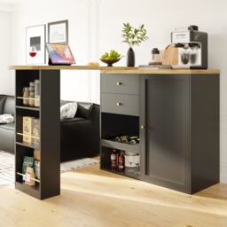 360° Swivelling Bar Table with Multi-Tiered Side Shelves, 2 Drawers, Storage Cabinet for Study, Living Room, 193L x 39W x 104H cm, Black - Aosom.UK - thumbnail 7
