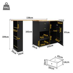 360° Swivelling Bar Table with Multi-Tiered Side Shelves, 2 Drawers, Storage Cabinet for Study, Living Room, 193L x 39W x 104H cm, Black - Aosom.UK - thumbnail 3