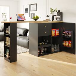 360° Swivelling Bar Table with Multi-Tiered Side Shelves, 2 Drawers, Storage Cabinet for Study, Living Room, 193L x 39W x 104H cm, Black - Aosom.UK
