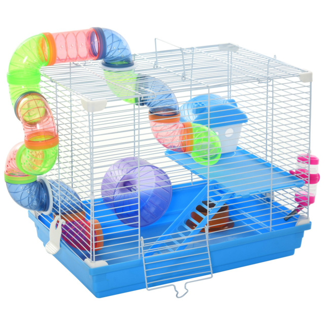 Pawhut 2 Tier Hamster Cage Carrier Habitat Small Animal House with Exercise Wheels Tunnel Tube Water Bottle Dishes for Dwarf Mice, Blue - Aosom UK - image 1