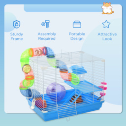 Pawhut 2 Tier Hamster Cage Carrier Habitat Small Animal House with Exercise Wheels Tunnel Tube Water Bottle Dishes for Dwarf Mice, Blue - Aosom UK - thumbnail 7