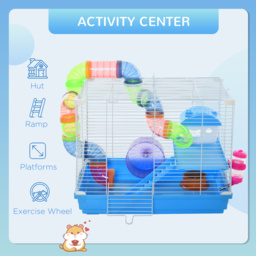Pawhut 2 Tier Hamster Cage Carrier Habitat Small Animal House with Exercise Wheels Tunnel Tube Water Bottle Dishes for Dwarf Mice, Blue - Aosom UK - thumbnail 4