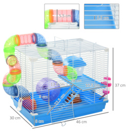 Pawhut 2 Tier Hamster Cage Carrier Habitat Small Animal House with Exercise Wheels Tunnel Tube Water Bottle Dishes for Dwarf Mice, Blue - Aosom UK - thumbnail 3
