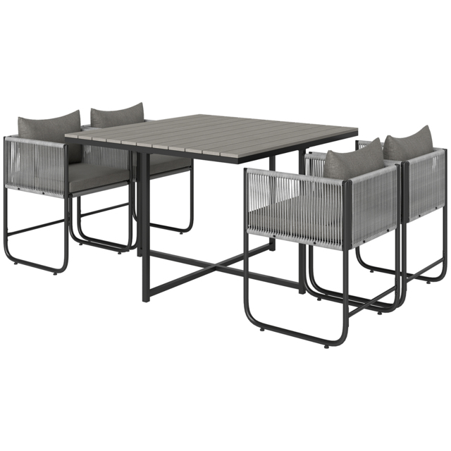 Outsunny 4 Seater Rattan Cube Garden Furniture Set, Rattan Dining Set with Cushions, Outdoor Dining Table and Chairs with Rectangular Wood Grain Plastic Top Table for Patio, Balcony, Grey - image 1