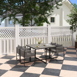 Outsunny 4 Seater Rattan Cube Garden Furniture Set, Rattan Dining Set with Cushions, Outdoor Dining Table and Chairs with Rectangular Wood Grain Plastic Top Table for Patio, Balcony, Grey - thumbnail 2