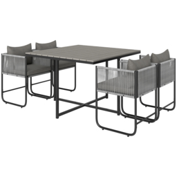 Outsunny 4 Seater Rattan Cube Garden Furniture Set, Rattan Dining Set with Cushions, Outdoor Dining Table and Chairs with Rectangular Wood Grain Plastic Top Table for Patio, Balcony, Grey - thumbnail 1