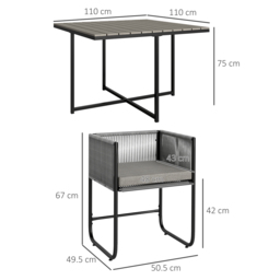 Outsunny 4 Seater Rattan Cube Garden Furniture Set, Rattan Dining Set with Cushions, Outdoor Dining Table and Chairs with Rectangular Wood Grain Plastic Top Table for Patio, Balcony, Grey - thumbnail 3
