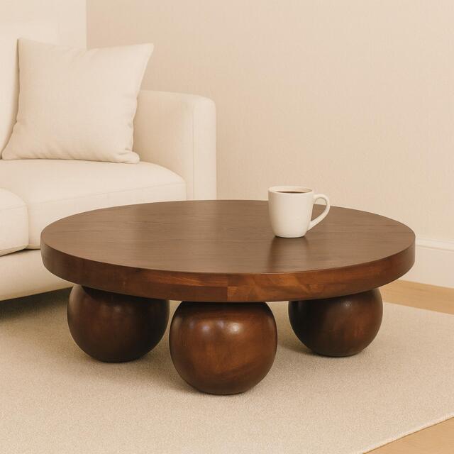 Solid Mango Wood Centre Table with Sculptural Central Ball Base, Handcrafted Desk with Stain-Based Finish, 80L x 80W x 23H cm, Brown - Aosom UK - image 1