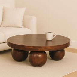 Solid Mango Wood Centre Table with Sculptural Central Ball Base, Handcrafted Desk with Stain-Based Finish, 80L x 80W x 23H cm, Brown - Aosom UK - thumbnail 1