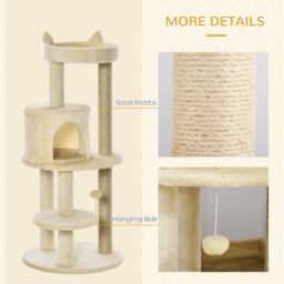 PawHut Sisal-Covered Cat Tree Tower, Pet Activity Centre with Scratching Post, Cosy Perch, Beige, 48 x 48 x 104cm - Aosom UK - thumbnail 5