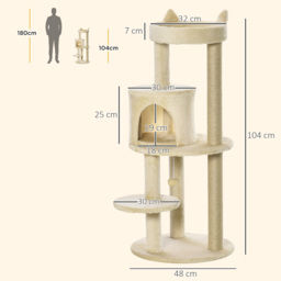 PawHut Sisal-Covered Cat Tree Tower, Pet Activity Centre with Scratching Post, Cosy Perch, Beige, 48 x 48 x 104cm - Aosom UK - thumbnail 3
