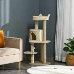PawHut Sisal-Covered Cat Tree Tower, Pet Activity Centre with Scratching Post, Cosy Perch, Beige, 48 x 48 x 104cm - Aosom UK - thumbnail 2