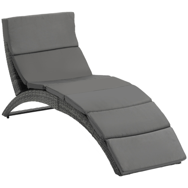 Outsunny Garden Patio Rattan Wicker Folding Sun Lounger Recliner Bed Chair with Cushion for Outdoor, Grey - image 1