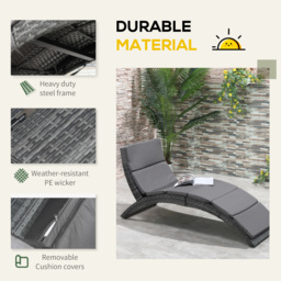 Outsunny Garden Patio Rattan Wicker Folding Sun Lounger Recliner Bed Chair with Cushion for Outdoor, Grey - thumbnail 4