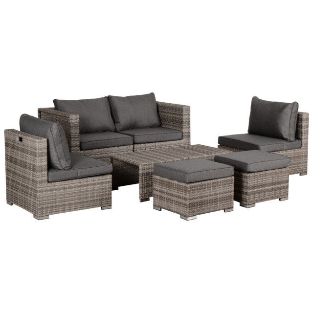 Outsunny 6-Seater Rattan Garden Furniture 6 Seater Sofa & Coffee Table Set Outdoor Patio Furniture Wicker Weave Chair Space-saving Compact, Grey - image 1
