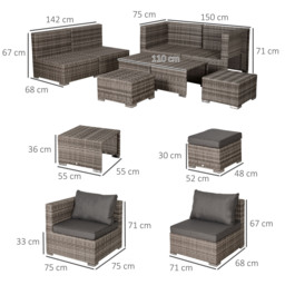 Outsunny 6-Seater Rattan Garden Furniture 6 Seater Sofa & Coffee Table Set Outdoor Patio Furniture Wicker Weave Chair Space-saving Compact, Grey - thumbnail 3