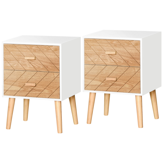 HOMCOM Bedside Table Set of 2, Modern Bedside Cabinets with Drawer and Pine Wood Legs, Nightstand for Bedroom, White and Natural - image 1