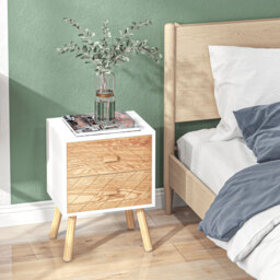 HOMCOM Bedside Table Set of 2, Modern Bedside Cabinets with Drawer and Pine Wood Legs, Nightstand for Bedroom, White and Natural - thumbnail 6