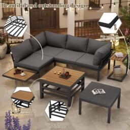 4-Piece Garden Corner Sofa Set with Cushions with Extendable Lift-Top Coffee Table, Patio Sectional Conservatory Furniture for Patio, Gray - Aosom UK - thumbnail 4