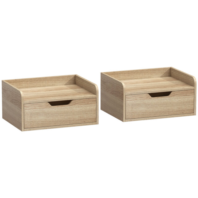 HOMCOM Floating Nightstands Set of 2, Wall Mounted Bedside Table with Drawer for Bedroom, Natural Wood - image 1