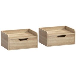 HOMCOM Floating Nightstands Set of 2, Wall Mounted Bedside Table with Drawer for Bedroom, Natural Wood - thumbnail 1