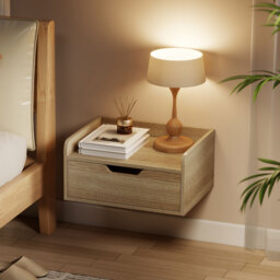 HOMCOM Floating Nightstands Set of 2, Wall Mounted Bedside Table with Drawer for Bedroom, Natural Wood - thumbnail 9