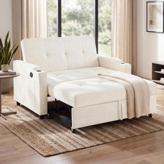 Convertible Sofa Bed with Adjustable Backrest, Functional Sleeper with USB & Type-C Charging, 135L x 173W x 58H cm, Off White - Aosom UK - image 1