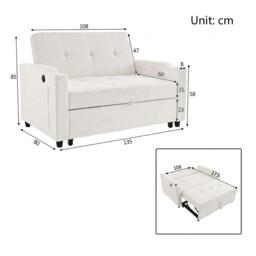Convertible Sofa Bed with Adjustable Backrest, Functional Sleeper with USB & Type-C Charging, 135L x 173W x 58H cm, Off White - Aosom UK - thumbnail 3