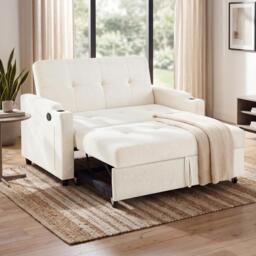 Convertible Sofa Bed with Adjustable Backrest, Functional Sleeper with USB & Type-C Charging, 135L x 173W x 58H cm, Off White - Aosom UK - thumbnail 1