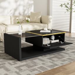 High-Gloss Black Coffee Table with Tempered Glass Top and LED Lighting, Tea Table Perfect for Modern Elegance, 90L x 50W x 32.5H cm, Black - Aosom UK - thumbnail 6