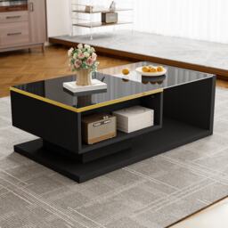 High-Gloss Black Coffee Table with Tempered Glass Top and LED Lighting, Tea Table Perfect for Modern Elegance, 90L x 50W x 32.5H cm, Black - Aosom UK - thumbnail 5