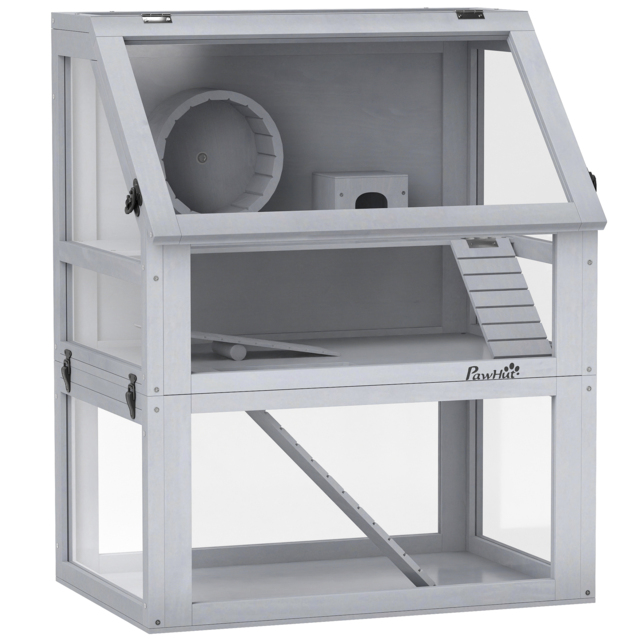 PawHut Wooden Hamster Cage with Detachable 32cm Deep Bottom, Hut, Seesaw, Exercise Wheel, Ramp, 60 x 40 x 75cm, Light Grey - image 1