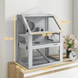 PawHut Wooden Hamster Cage with Detachable 32cm Deep Bottom, Hut, Seesaw, Exercise Wheel, Ramp, 60 x 40 x 75cm, Light Grey - thumbnail 3