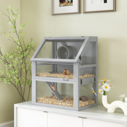 PawHut Wooden Hamster Cage with Detachable 32cm Deep Bottom, Hut, Seesaw, Exercise Wheel, Ramp, 60 x 40 x 75cm, Light Grey - thumbnail 2
