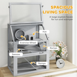 PawHut Wooden Hamster Cage with Detachable 32cm Deep Bottom, Hut, Seesaw, Exercise Wheel, Ramp, 60 x 40 x 75cm, Light Grey - thumbnail 4