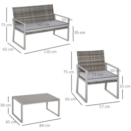 Outsunny Rattan Garden Furniture Set, 4-Seater, 2 Single Sofa Armchairs, 1 Bench, Cushions, Coffee Table, Wicker Weave, Patio Backyard - thumbnail 3
