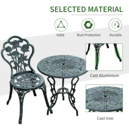 Outsunny Cast Aluminium Outdoor Patio Garden Bistro Elegant Design Table Chair Set - Green (3-Piece) - thumbnail 6