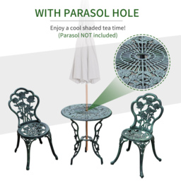 Outsunny Cast Aluminium Outdoor Patio Garden Bistro Elegant Design Table Chair Set - Green (3-Piece) - thumbnail 4